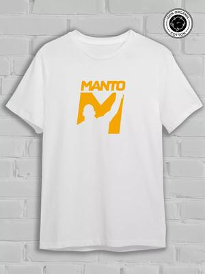 Manto White Crew Neck Short Sleeve T-Shirt with Yellow MANTO Logo Wrestler Silhouette M Letter Print