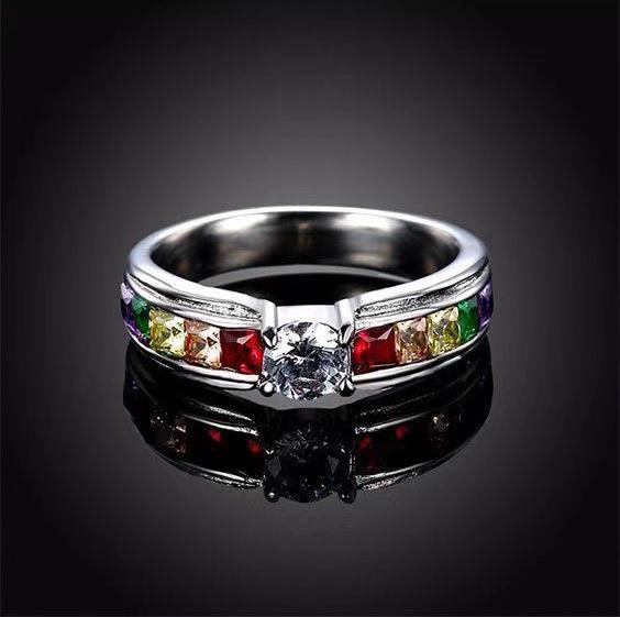 Hecheng Rainbow Zircon-Inlaid Titanium Steel Rings for Women - Colorful Fashion Jewelry