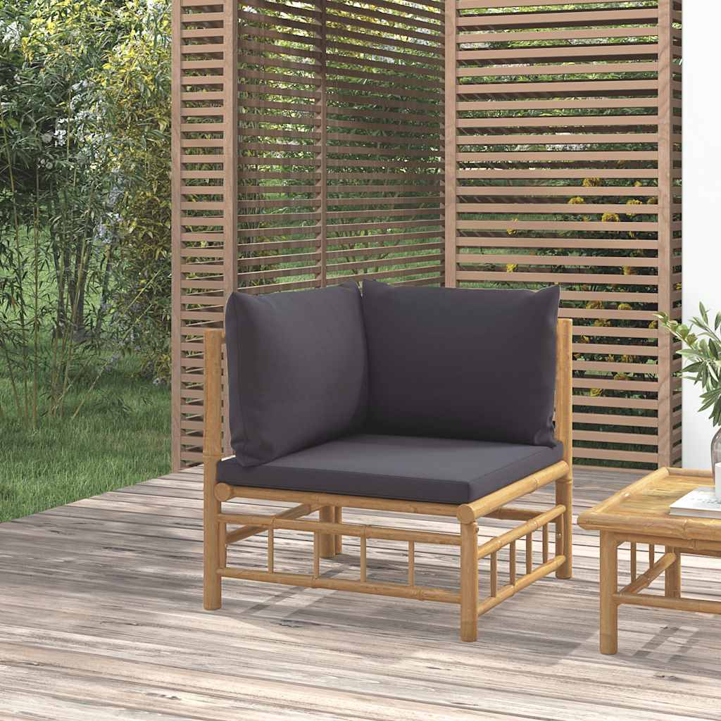 Vidaxl Narożna Sofa Ogrodowa Z Ciemnoszarymi Poduszkami, Bambusowa