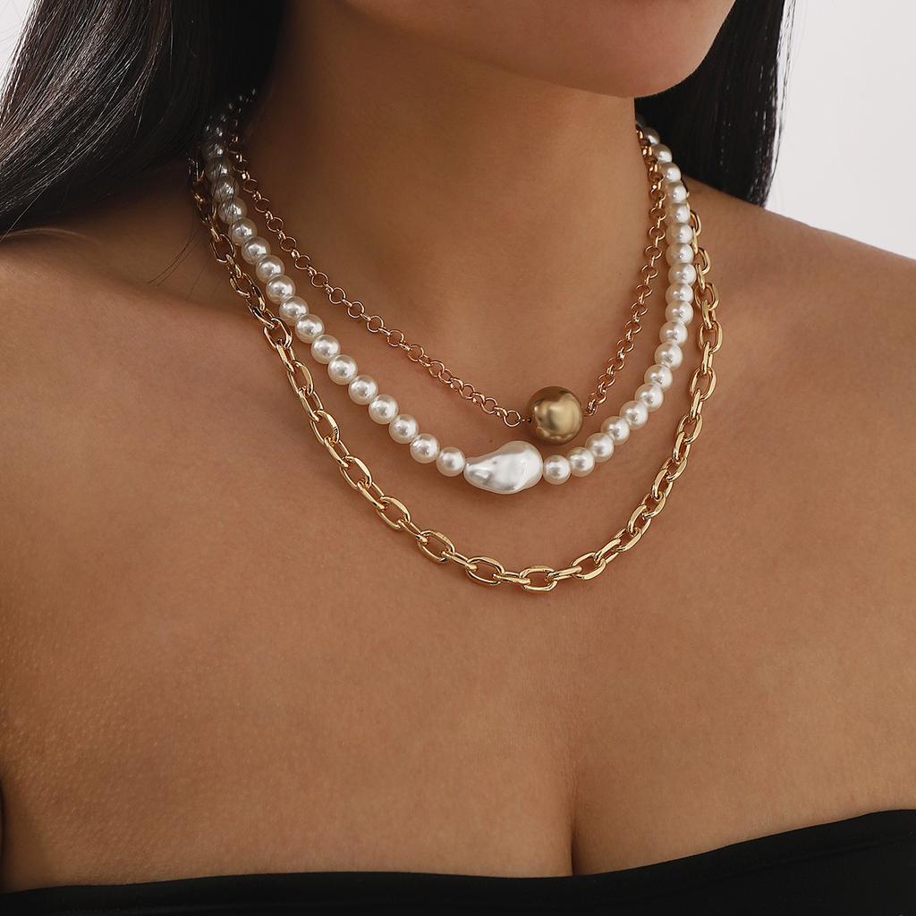 French temperament pearl mix and match light luxury geometric collarbone chain niche hollow chain multi-layer stacked necklace