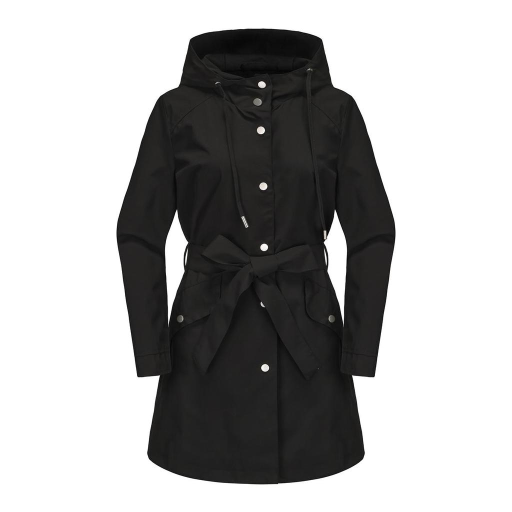 Women’s Hooded Windcheaters Polyester Waterproof Trench Coat Thin Loose Belt Button Up Windbreaker Spring Autumn Outdoor Wear Long Jackets