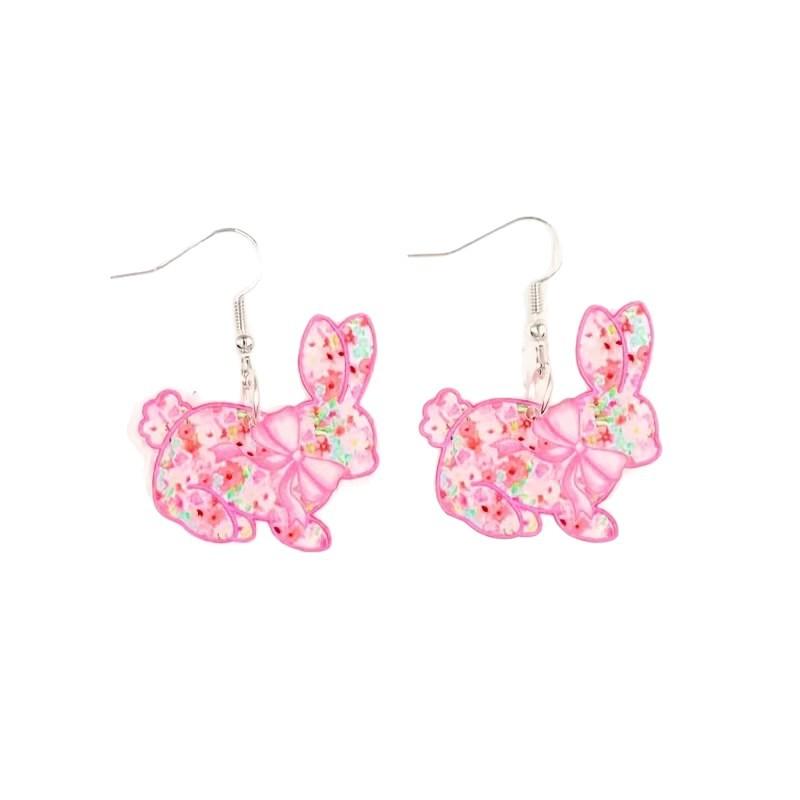 Cross-border New Cute Pink Rabbit Earrings 2D Flat Acrylic Creative Flower Pattern Animal Earrings