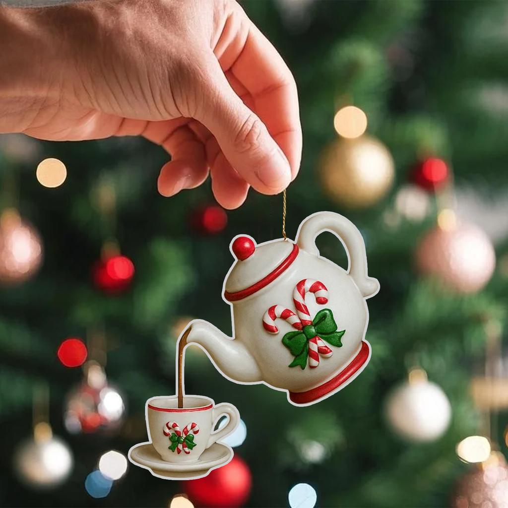 2D Acrylic Christmas Teapot Decorative Pendant Is Suitable For Holiday Decoration And Is A Gift For Tea Lovers