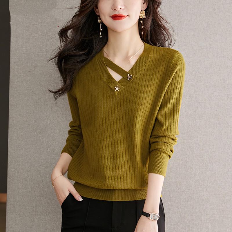 Women's 2025 Spring/Autumn Color Block Knit Sweater – Long Sleeve, Loose Fit, Korean Style