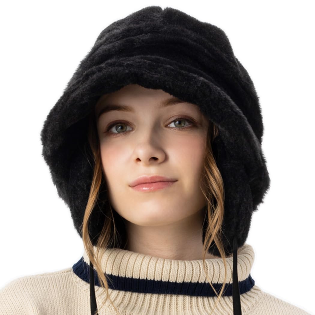 

Кепка газетчика Эми из искусственного меха с большим длинным и широким светлым УФ-регулируемым козырьком, идеально подходит для осени и зимы, Loo&c Женская двусторонняя, уши, размер, козырек, 100% блокировка, чёрный