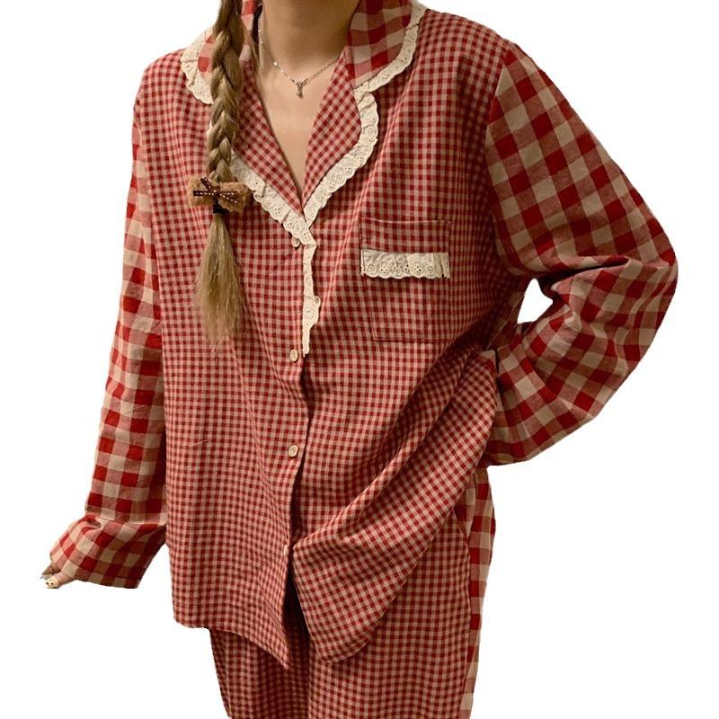 Spring Ladies New Pajamas Homewear Set Girls Korean Plaid Lace Fashion Long-Sleeved Long Pants Student Pajamas Homewear Set