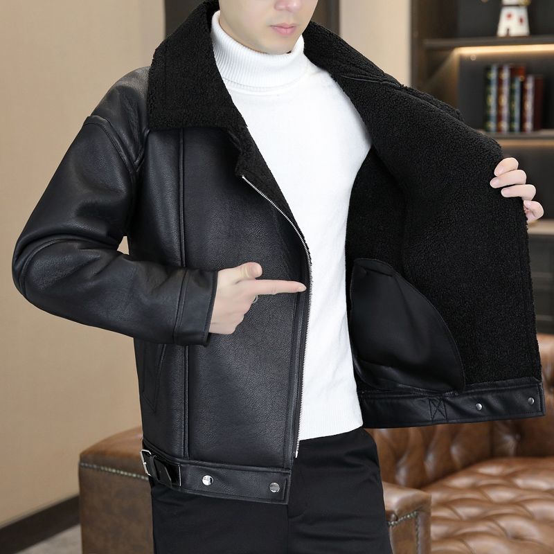 One Piece Fleece Jas Heren Winter Lamshaar Revers met Verdikte Fleece Motorjas Winddicht Leer