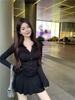 Black Pleated Polo Collar Dress with Cinched Waist - Sporty Slim Fit