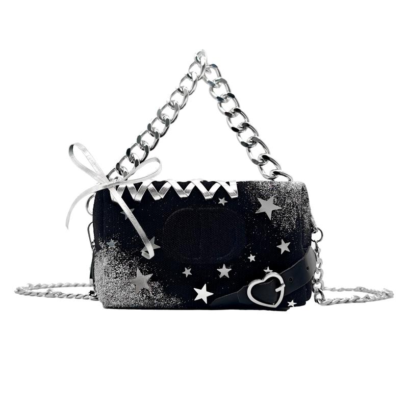 DIOR Сумка для косметики в стиле DIY YXYY Серебряная Звезда Фантазия Легкая Роскошь Девичий Современный Романтичная Личность Черная Джинсовая Ткань Ручная Сумка Через Плечо чёрный