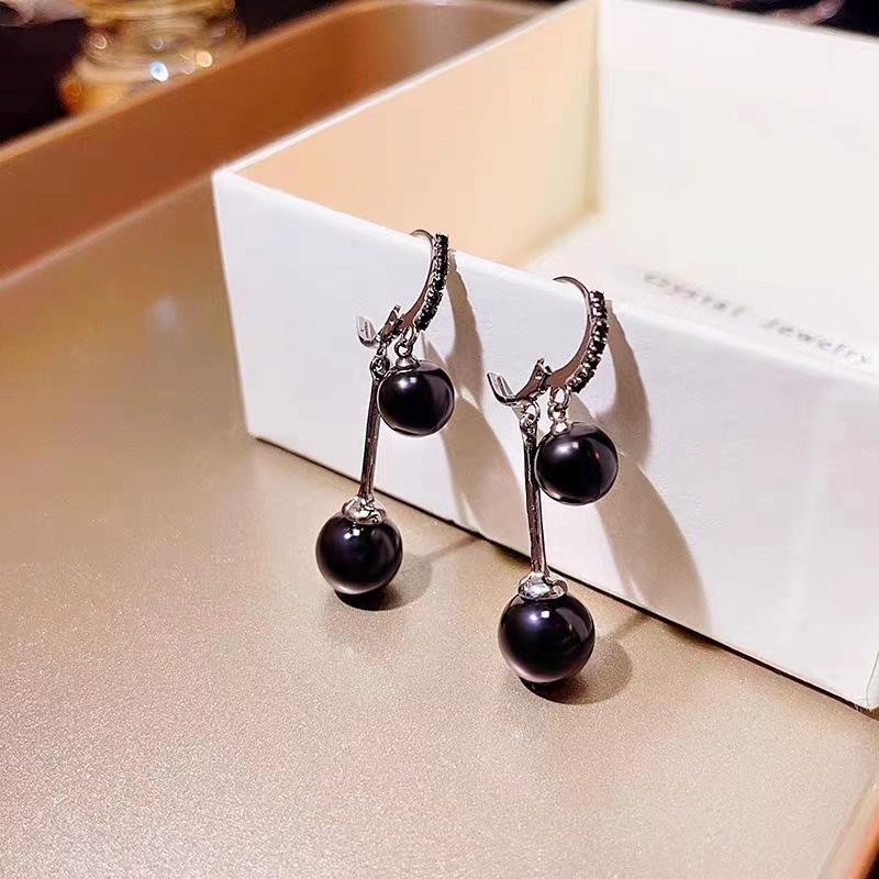 Korean Black Tassel Round Bead Earrings with Rhinestone Ear Cuffs - High-End Versatile Fashion