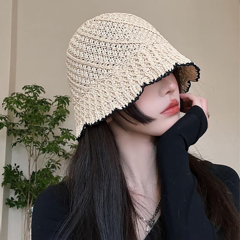 Chic Round Top Wide Brim Fisherman Hat Women Sun Hat Korean Hollow Out Breathable