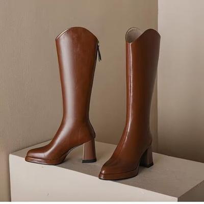 Fashion Women's Knee-high Boots Luxury Pointe Toe Leather Boots Fashion Thick Heel High Heel Boot Knight Booties Women Winter Long Boots