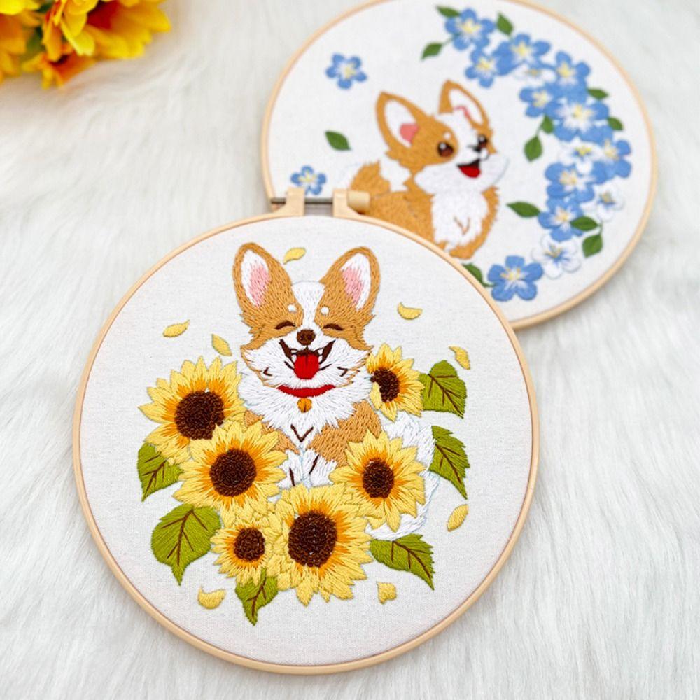 Floral Patterns Dog Embroidery Kit Corgi Embroidery Set Home Decor Cross Stitch Set Beginner