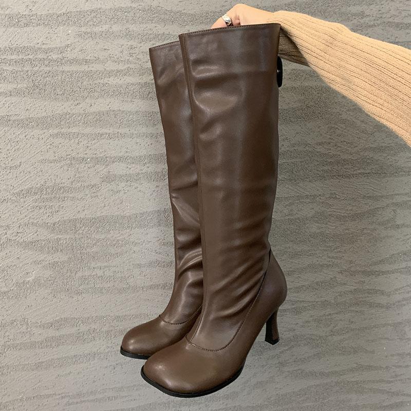 Fashion New Footwear Designer Slip On Long Booties Shoes For Women Fashion Round Toe Ladies Knee High Modern Boots Female Heels Shoes