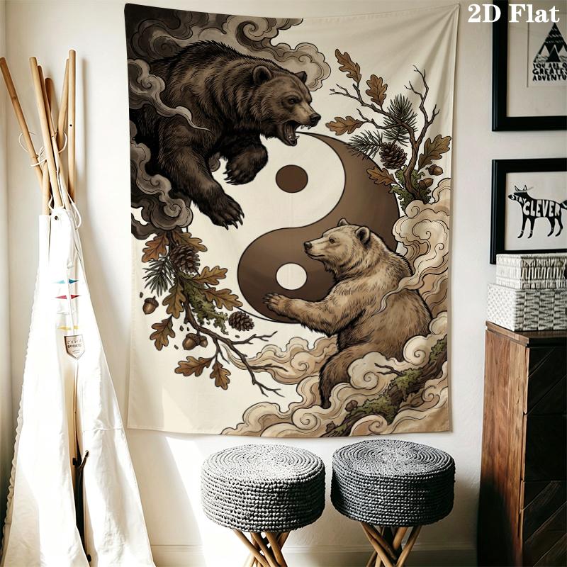 Bear and Panda Wall Tapestry Aesthetic Wall Hanging Printed Fabric Blanket Decorative Tapestries for Bedroom Living Room Home Decor