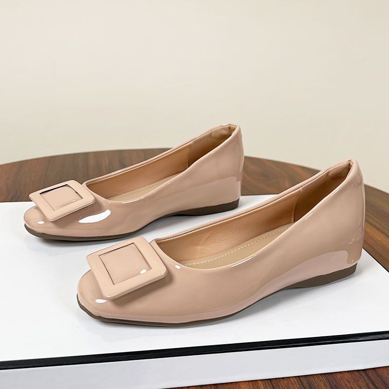 Height-increasing Square Head Single Shoes Women's Spring and Autumn 2025 New Versatile Square Buckle Light Mouth Nude Soft Patent Leather Flats