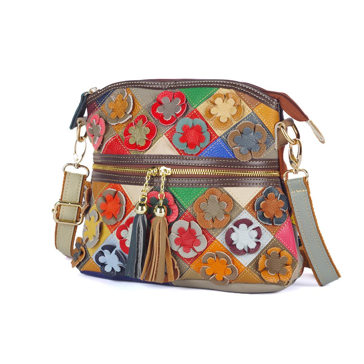 Fashion Ethnic Style Handmade Leather Cowhide Colored Splicing Flower Contrasting Shoulder Bag Crossbody Women S Bag разноцветный