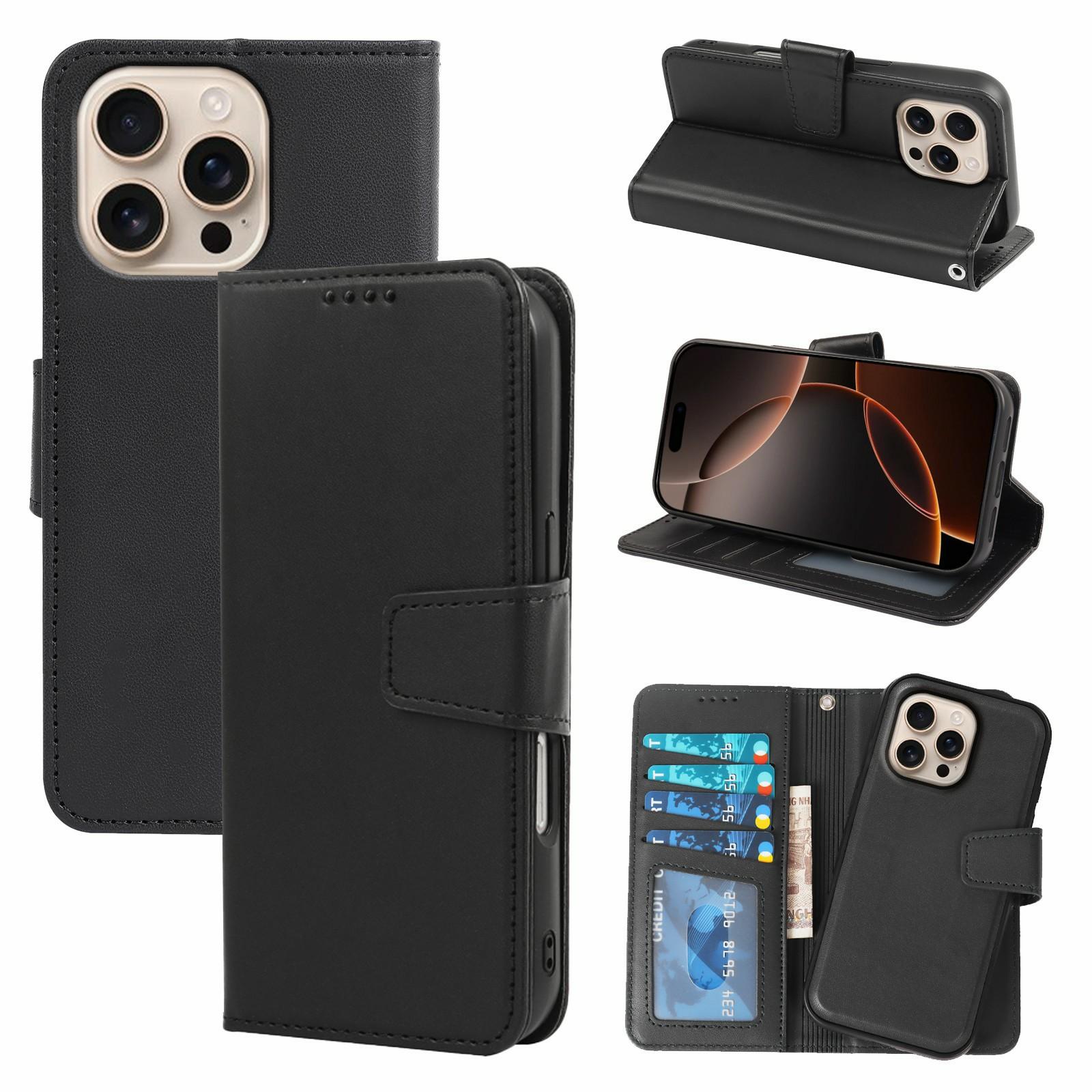 

For iPhone 16 Pro Max Case Detachable 2 in 1 PU Leather Wallet Phone Cover Black