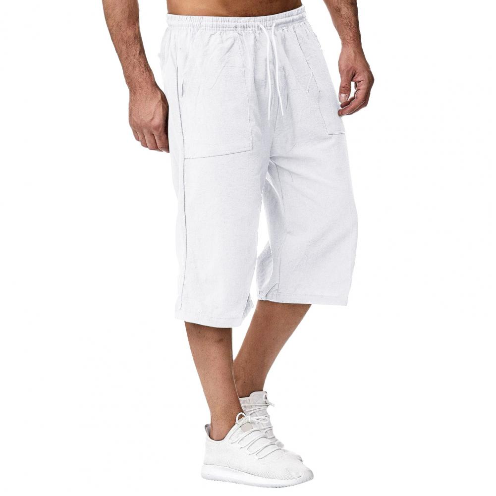 

Men Summer Casual Pants Mid-rise Elastic Drawstring Waist Wide Leg Pants Solid Color Pockets Mid-calf Trousers Streetwear XXL білий