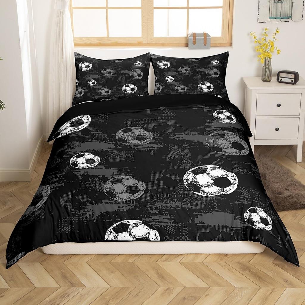Cartoon Soccer Duvet Cover Set Printed Football Bedding Sets For Kids Boys Girls Bedroom Decor Sports Theme Comforter Cover Set