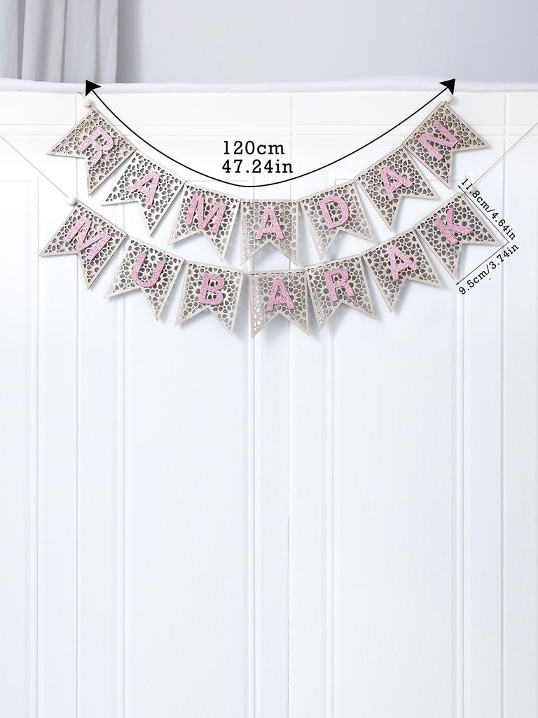 1Pc Pink Wooden Ramadan Muslim Decor Banner Pull Flag Ramadan Kareem Hanging Ornaments Wooden Ornaments Eid Mubarak Happy Gift