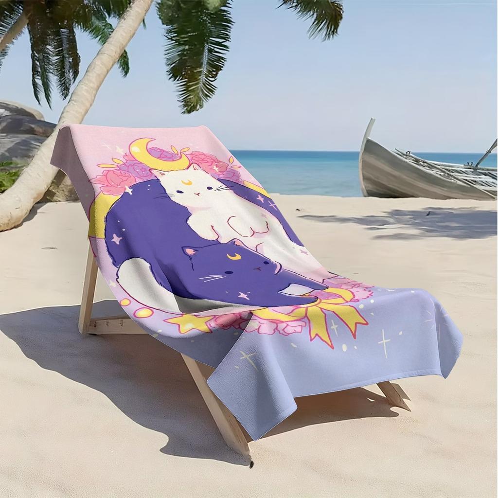 Cat star moon flower pattern polyester microfiber beach towel is highly absorbent, suitable for swimming and beach outings