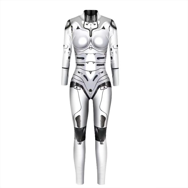 Women Skeleton Robot 3D Printing Bodysuit Zipper Back Halloween Costume Full Body Bodysuit Womens Body Suits Tops Dress