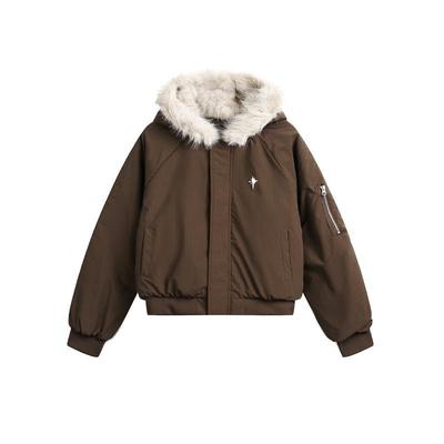 Unisex Winter Warme Pelzkragen Kapuzen Steppjacke Trend Neu Braun Locker Lässiger Kurzstil Baumwollgepolsterter Mantel