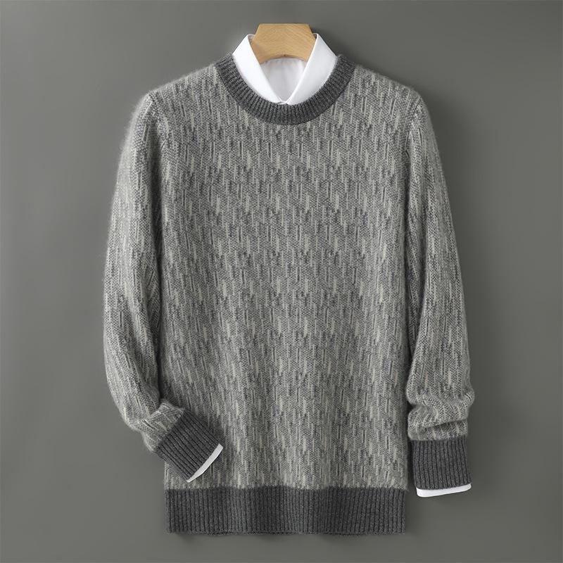 Men s Double-Strand 100% Pure Wool Color Block Sweater, Round Neck, Fashionable Business Casual Pullover. M