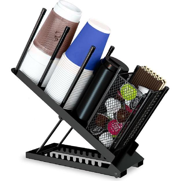 Cup and Lid Holder - Adjustable Coffee Cup Holder Organizer 4 Compartment Disposable Cup Dispenser with Coffee Pod Straw Storage Basket for Coffee