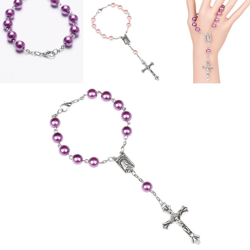 Purple Glass Pearl Rosary Bracelet With Cross Pendant Religious Jewelry