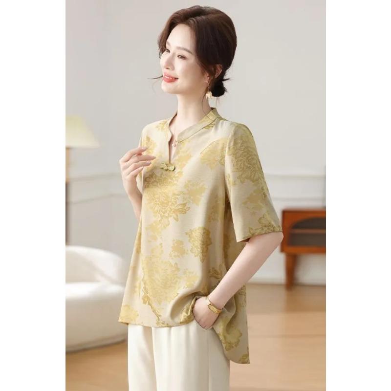 

Women s Orange Floral Print Mandarin Collar Short Sleeve Blouse with Frog Button Detail XL жовтий