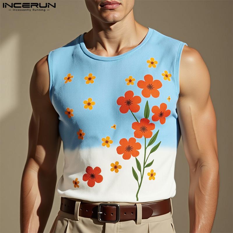 

INCERUN Men Summer Sleeveless Floral Print Stitching Casual Loose Tank Tops S синий