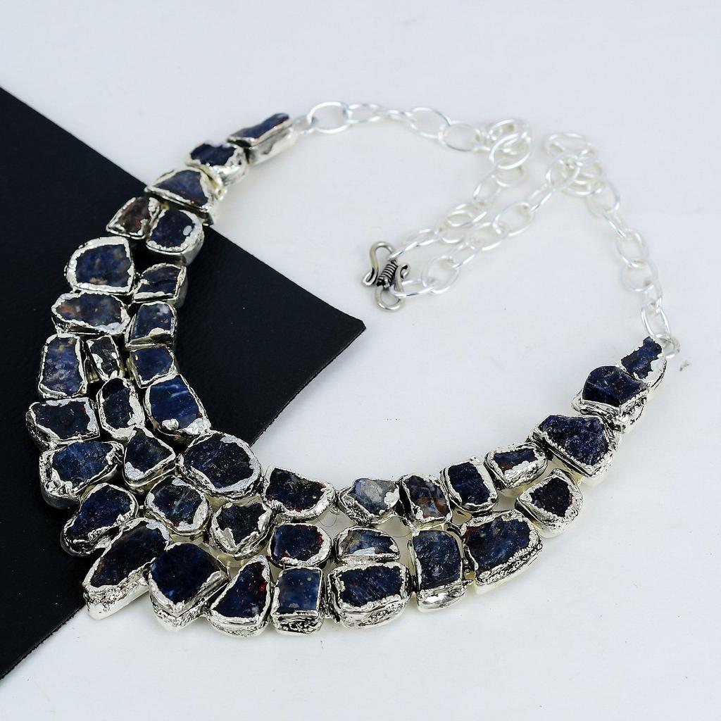 Natural Raw Sodolite Gemstone Handmade 925 Sterling Silver Electroform Necklace, Raw Sodolite Silver Necklace For Wife, Unisex Necklace Mom Gift