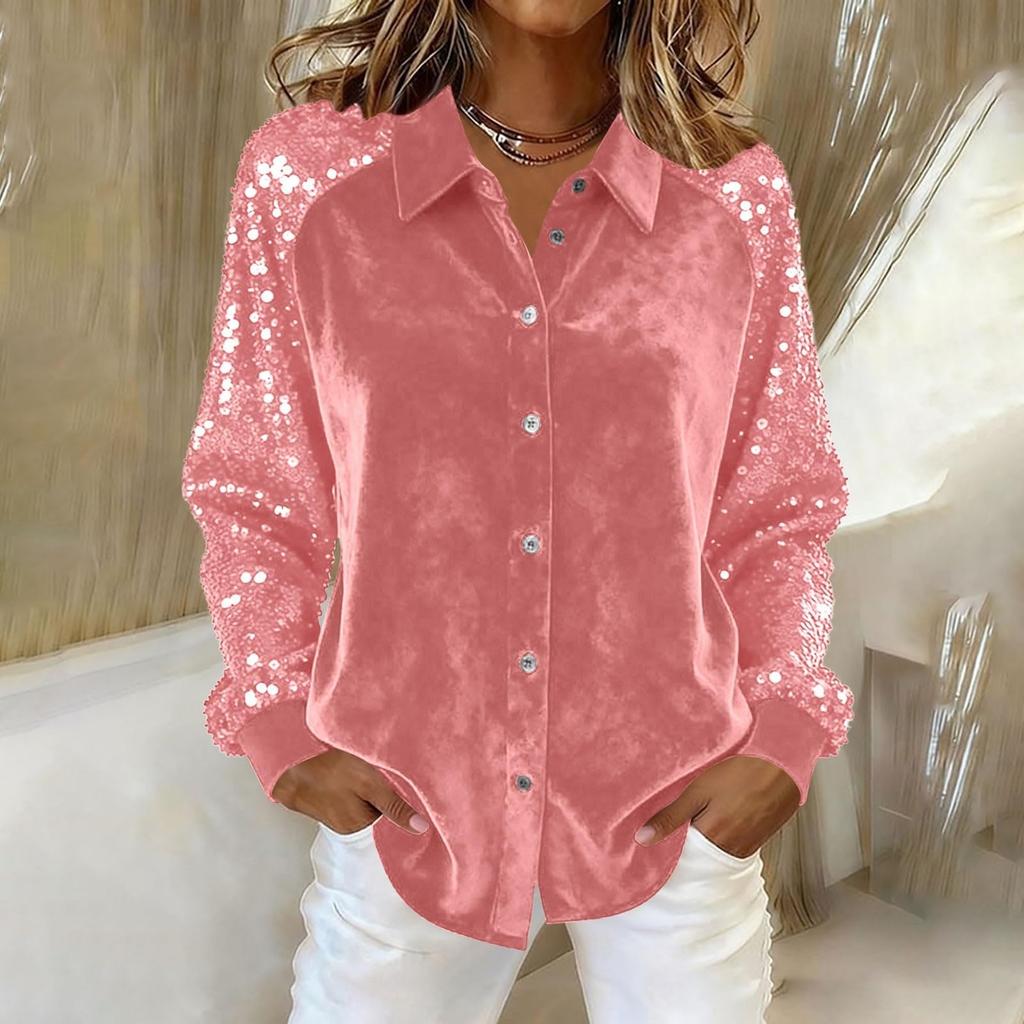 Damenmode Einfarbig Kragen Langarm Knopf Glitzer Gold Samt Gespleißtes Hemd Oberteil