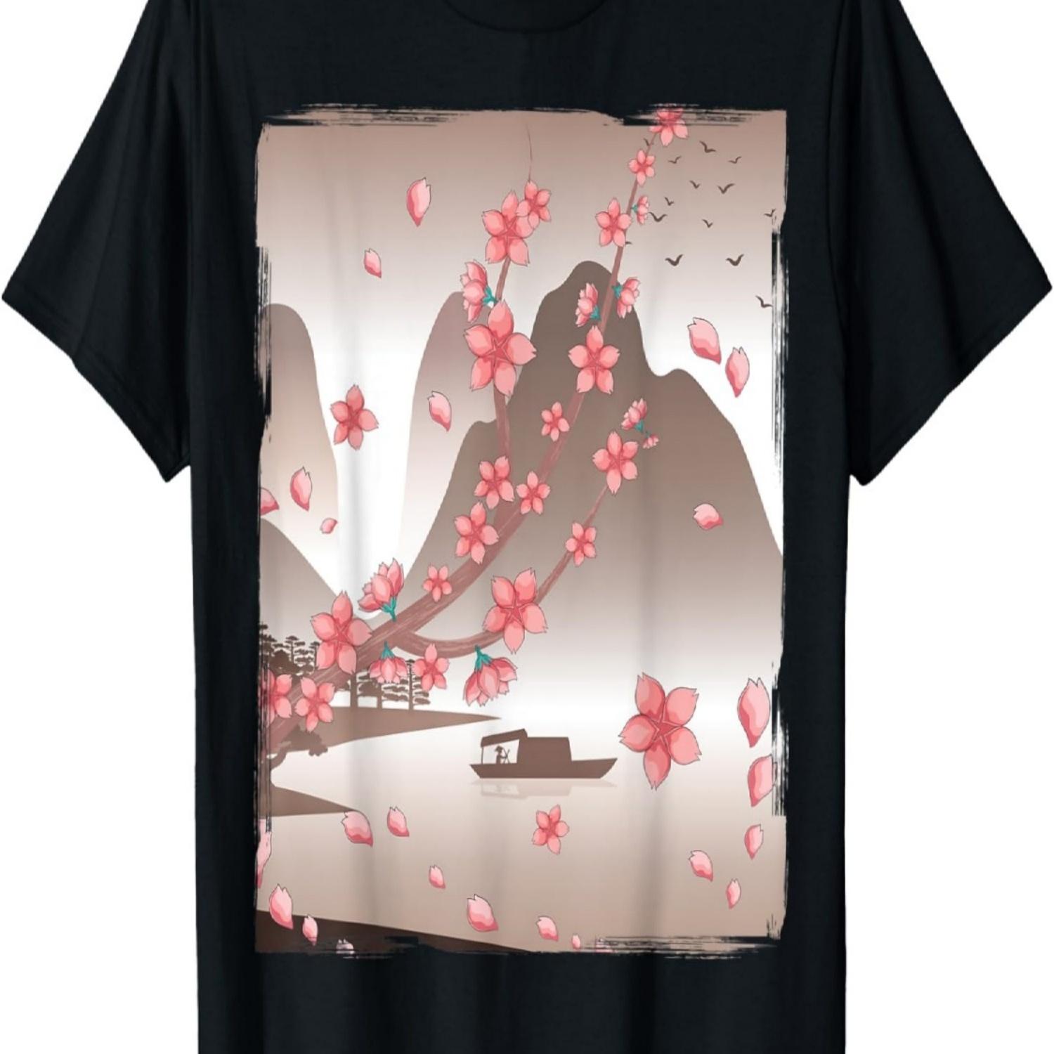 Sakura Flower Japan Mountain Floral Cherry Blossom T-Shirt S чёрный