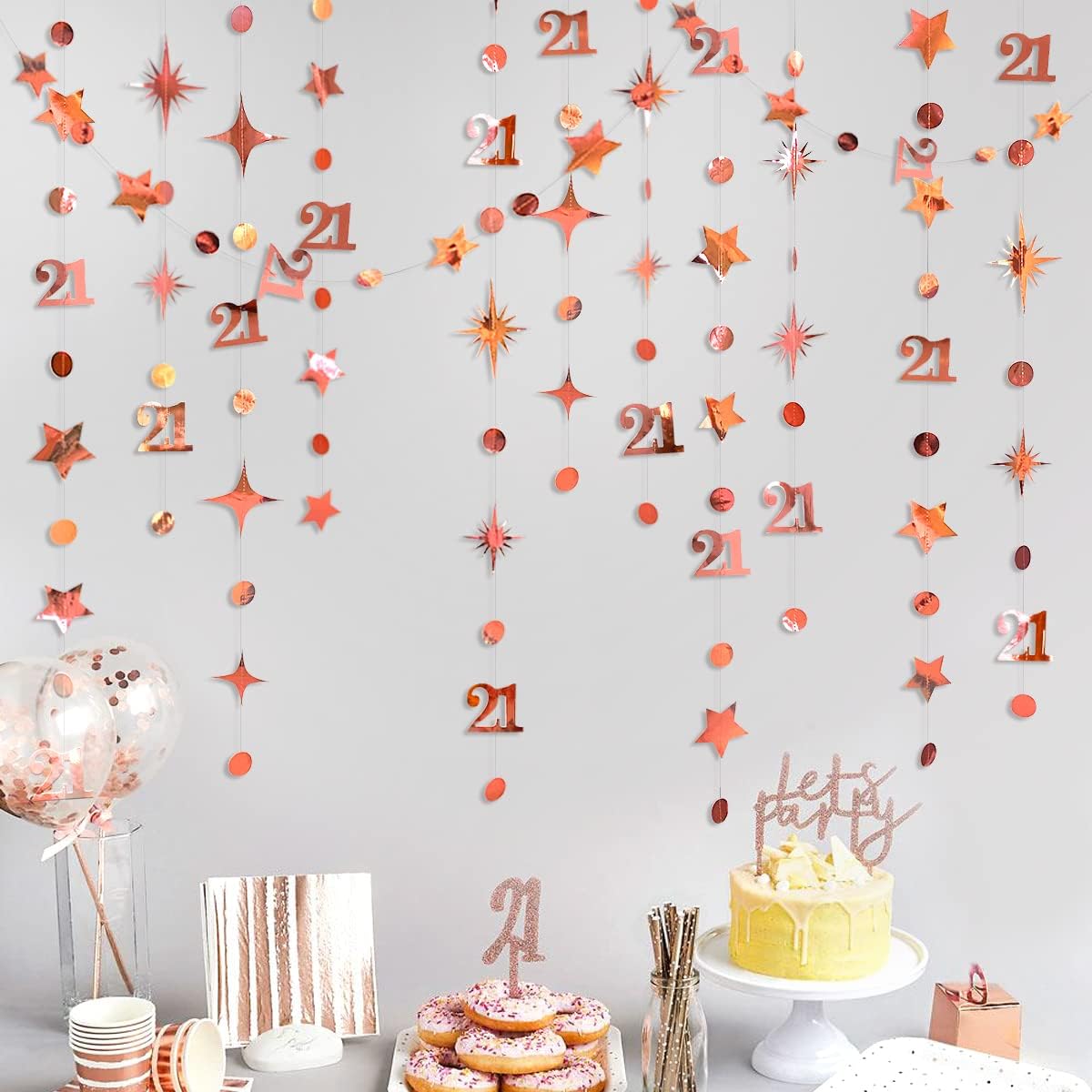 Champagne Gold 21st Birthday Decorations Number 21 Circle Dot Star Garland Metallic Streamer Banner Backdrop for Girls Boys Cheers to 21 Years