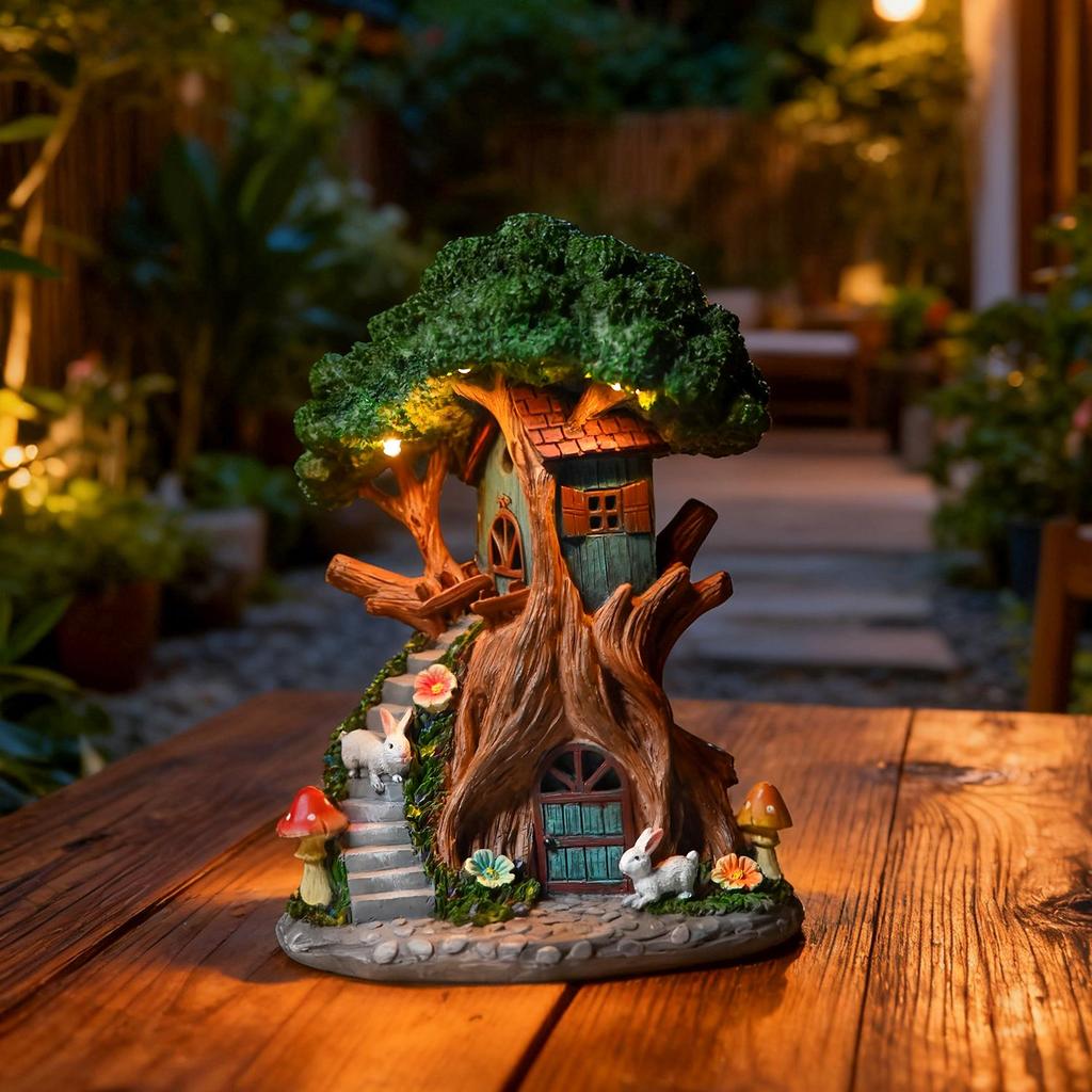 Outdoor Baumhaus für Garten Statue mit Solar Lade LED Lichtern für Terrasse Rasen Fee Für Gartendekoration