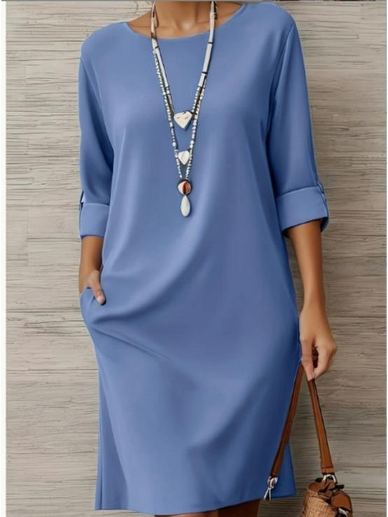 Elegant European & American Style Round Neck Dress with Pockets