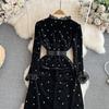 Balck Hepburn Sweet Style Women's Dress Flare Long Sleeve Diamond Stand Velvet High Waist A-line Dresses Autumn Winter Fashion Design Party Clothes