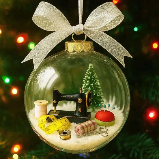 Holiday Sewing Snow Ball Ornaments Retro Sewing Machine Themed Holiday Decor Transparent Ball Hanging Decoration Holiday Keepsakes Gift for Sewers