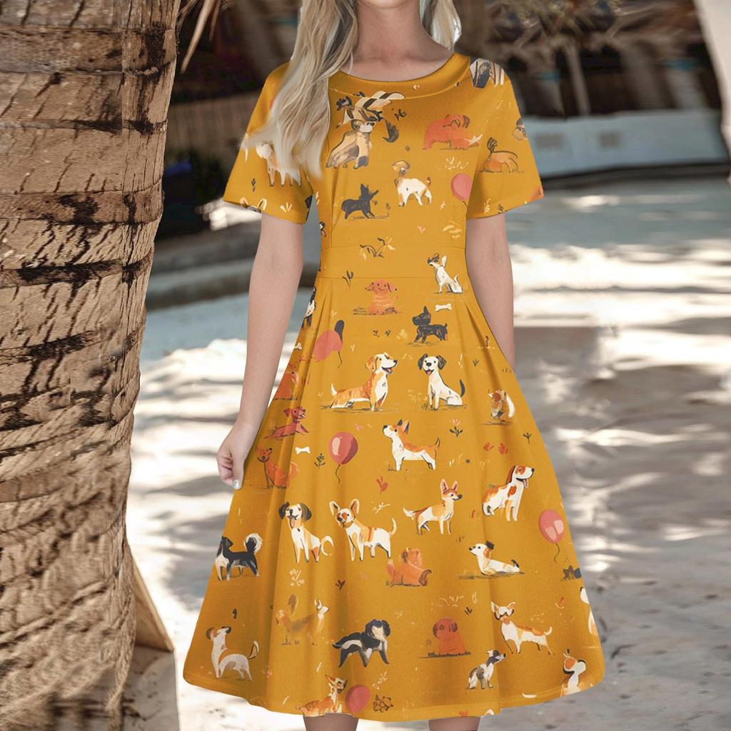 Women's Casual Fashion Dress Animal Floral Print Round Short Sleeve Waist Mid-Length Swing Dress (with Zipper)