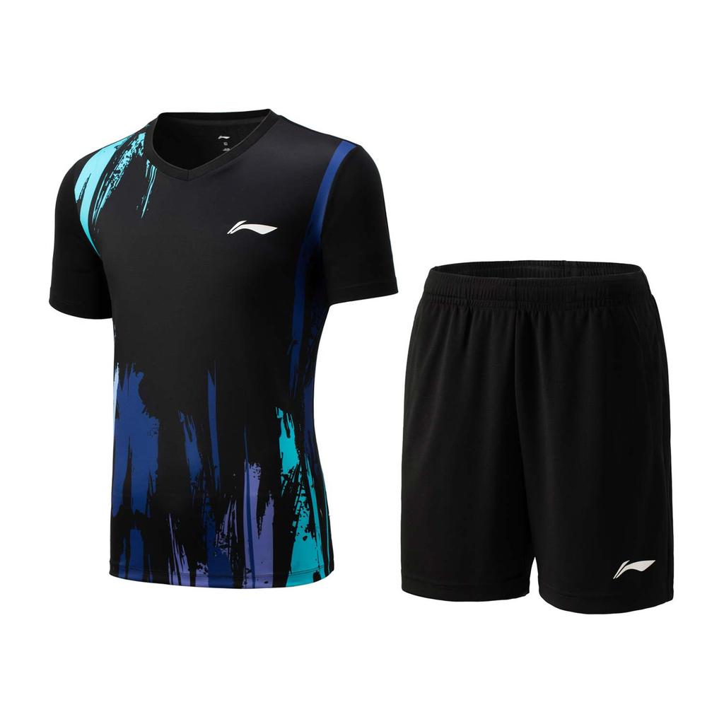 Li-Ning Badminton Series Color Block V-Neck Breathable Short Sleeve Top Comfortable Simple Mid-Waist Shorts Casual Sports Suit AATV041-1