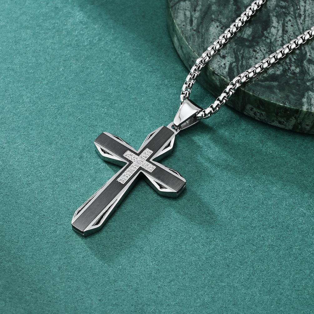 Original Brushed Hollow Beveled Cross Necklace Religious Cross-border Creative Mechanical Gear Style Men s Titanium Steel Crane 60CM