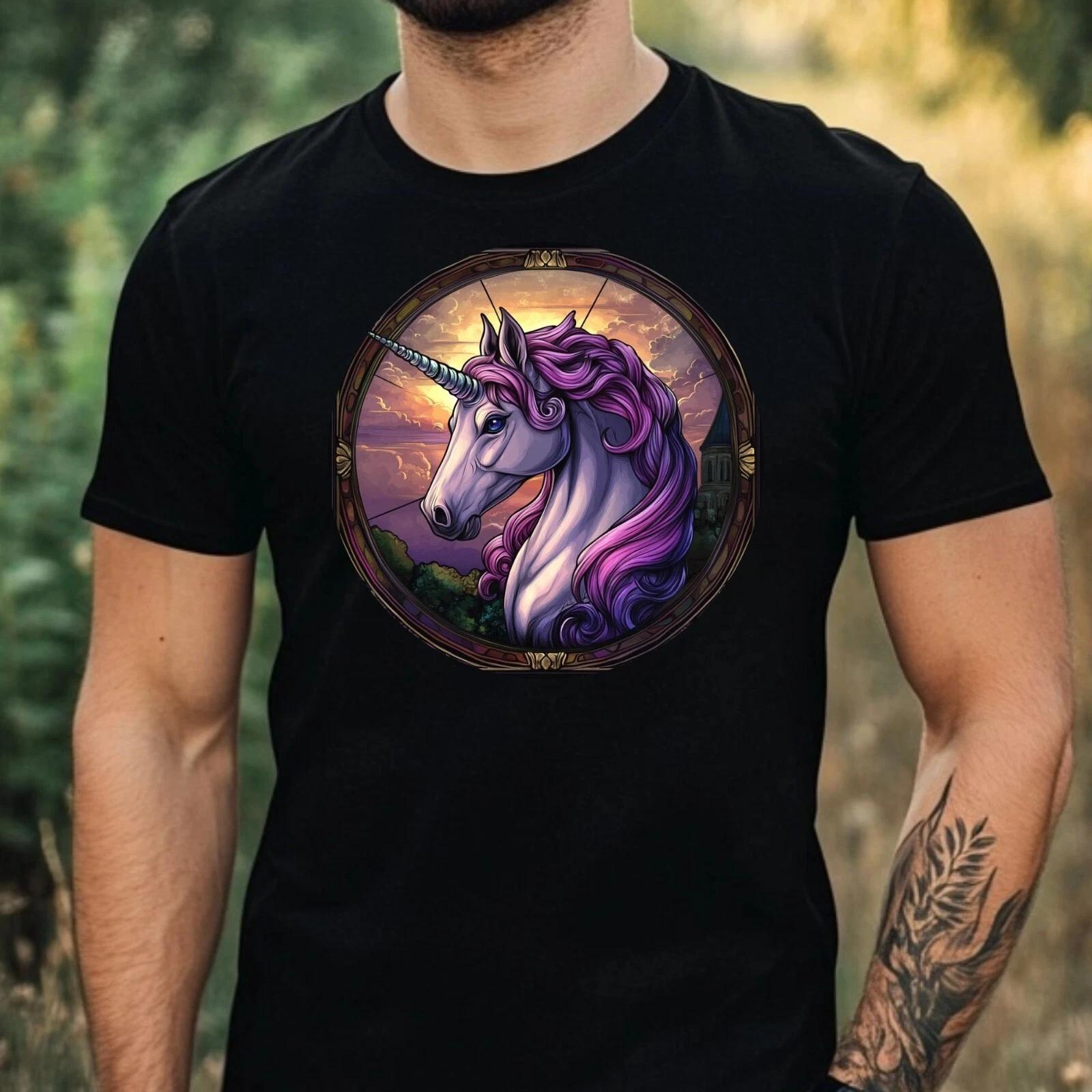 T-Shirt Herren Einhorn Buntglas Motiv Baumwolle Größe XS bis 5XL L