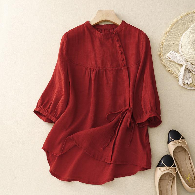 Женская свободная блузка из хлопка и льна в французском стиле, летний flattering топ M красный