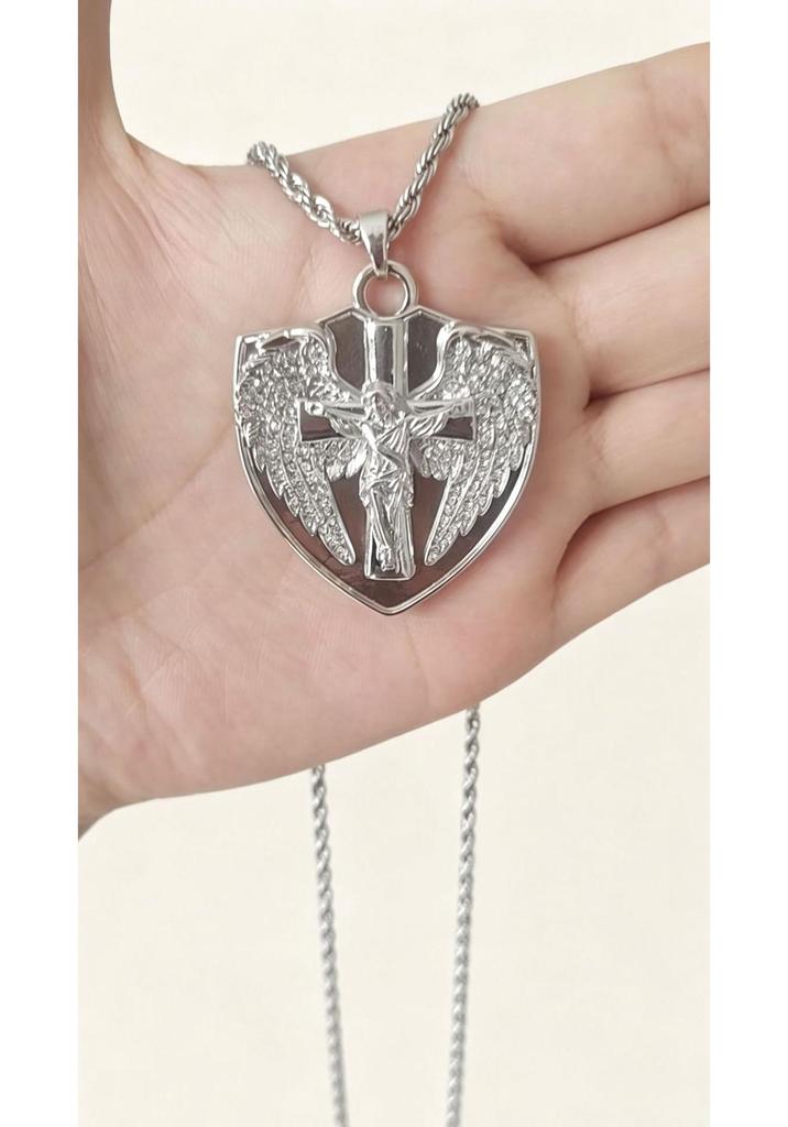 European & American Rhinestone Angel Wing Shield Pendant Hip Hop Necklace Jewelry