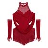 Girls Latin Dance Costume Sparkly Rhinestone Leotard with Ruched Mesh Cutout Tassel and Matching Mesh Gloves for Dance Competition