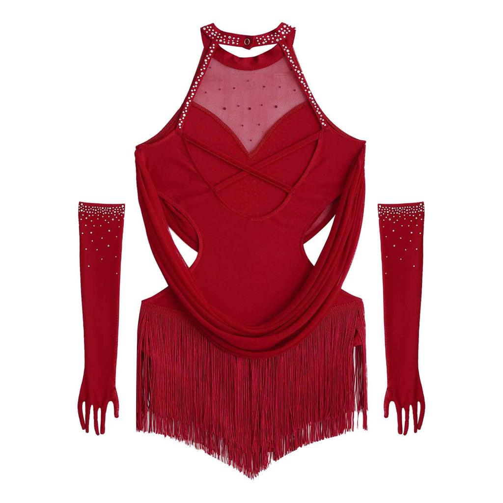 Girls Latin Dance Costume Sparkly Rhinestone Leotard with Ruched Mesh Cutout Tassel and Matching Mesh Gloves for Dance Competition