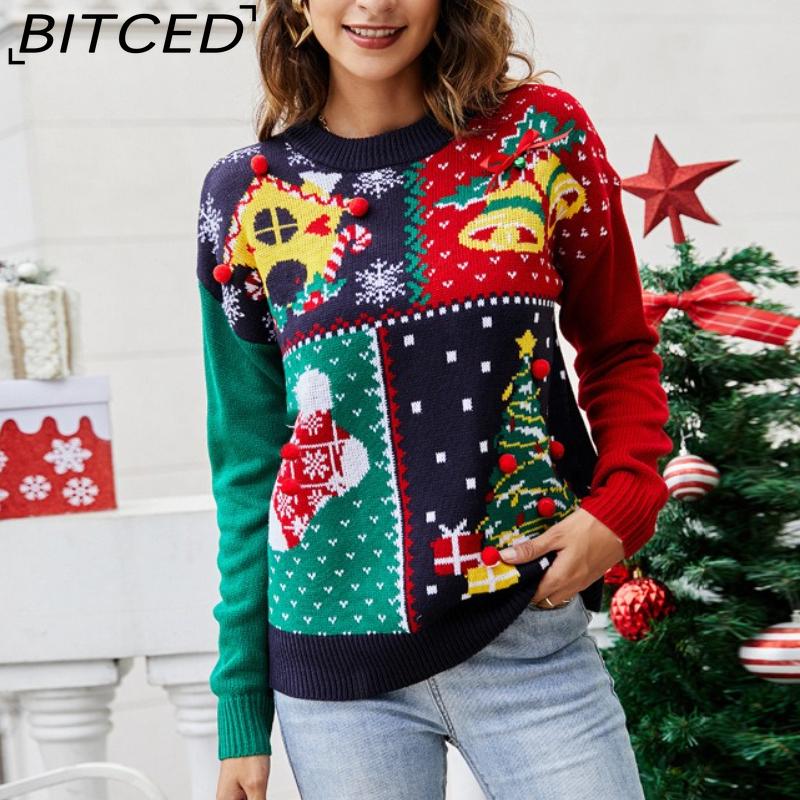 

BITCED Women s Snowflake Christmas Jumper Christmas Tree Pullover Knit Sweater Festive Attire XL темно-синий